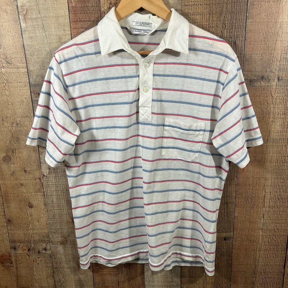 Vintage 80s Christian Dior Polo Shirt Large Striped Retro Preppy Golf 80s
